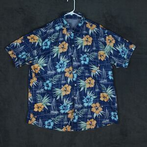 Izod Saltwater Shirt Mens 2XL Blue Hawaiian Floral Print Button Up Casual Top